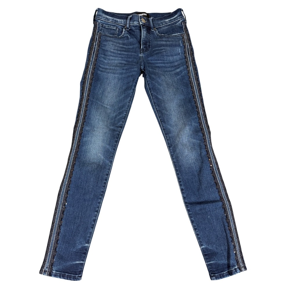 Women's Express Jeans 0R 25x27 Ankle legging Mid- Rise Side Detail w/ Sequins
